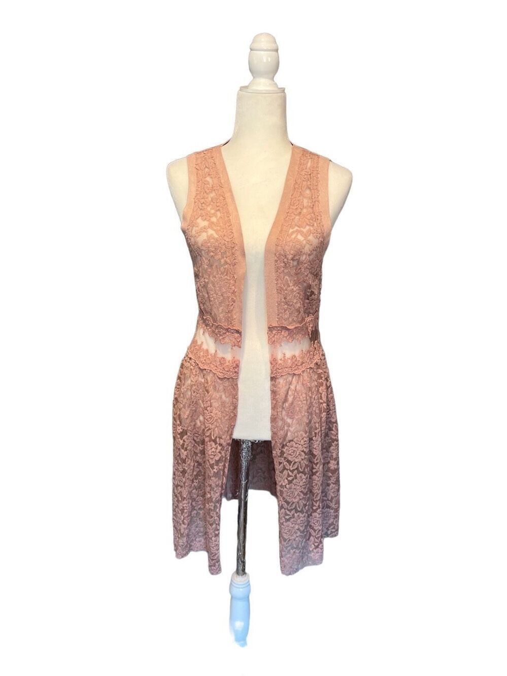 Vocal mauve pink lace open vest duster with faux suede trim - S